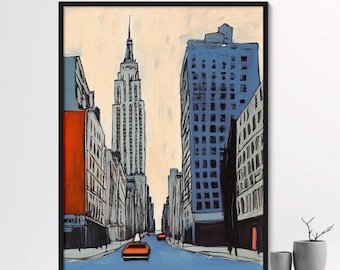 Steel Blue Manhattan Cityscape Print: Edward Hopper Style New York Wall Decor
