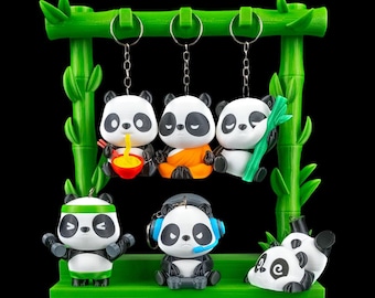 3D Printed Panda Keychain Set with Bamboo Display Stand – Cute Panda Figurines, Anime Style Desk Decor, Kawaii Gift for Kids & Panda Lovers