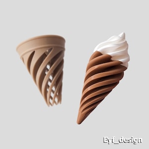 May include: Two 3D-printed ice cream cone designs. One is a tan cone with a spiral design. The other is a brown cone topped with white soft serve. The cones are set against a light gray background. The text "Eyti_design" is in the bottom right corner.