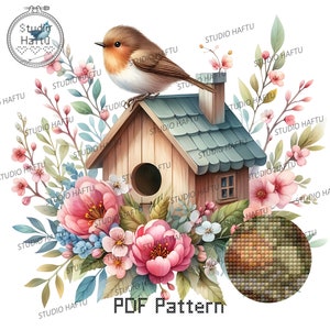 Birdhouse with Bird and Flowers - Printable Cross Stitch Pattern, Hand Embroidery PDF, PDF cross stitch pattern