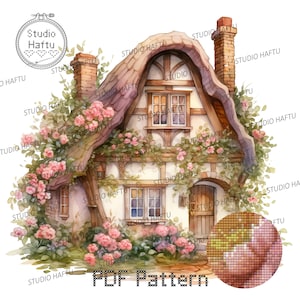 Puede incluir: Una pintura de acuarela de una encantadora cabaña con techo de paja, rodeada de exuberante vegetación y flores rosas. La cabaña tiene una puerta de madera y ventanas, y una chimenea de ladrillo. El texto "PDF Pattern" es visible en la parte inferior de la imagen.