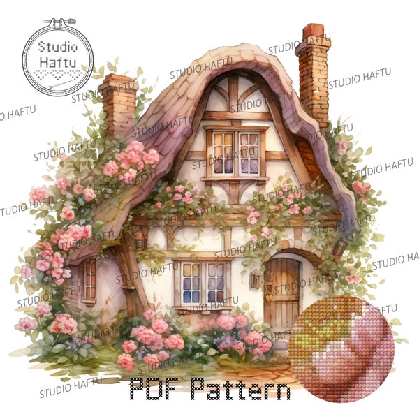 Cross Stitch Pattern Cottage Watercolor Tiny Cottage Rustic Home Decor Needlework DIY Embroidery PDF Instant Download Counted cross stitch