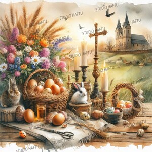Può includere: Un dipinto ad acquerello di una natura morta pasquale con un cesto di uova colorate, due conigli, una croce con candele e una chiesa sullo sfondo.