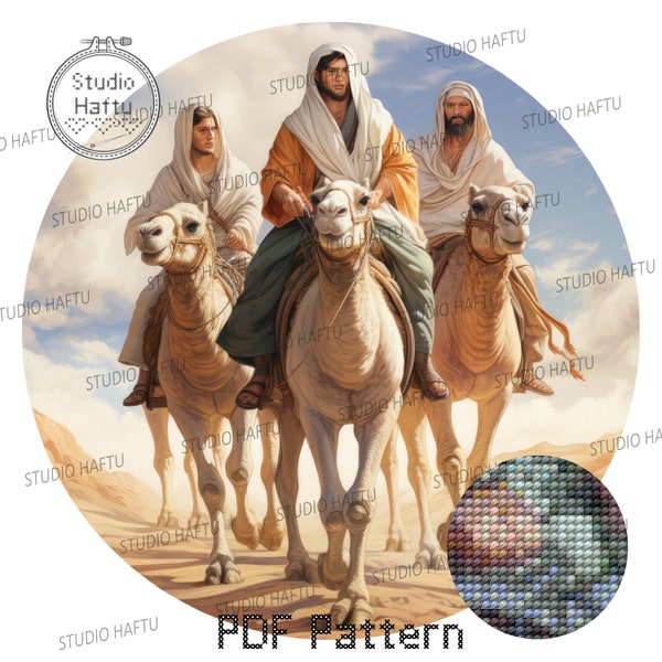 Three Prophets Riding Camel Cross Stitch Pattern - Religious DIY Embroidery Design