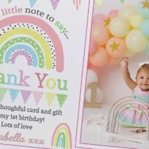 Tarjetas de agradecimiento con foto Notas de agradecimiento de cumpleaños con arcoíris para niños