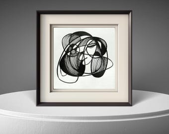 May include: Framed abstract art print with a black and white ink drawing. The artwork presents a complex arrangement of curved lines and shapes, creating a dynamic composition. The dark brown frame has a white mount.
