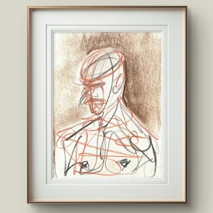 Könnte beinhalten: Abstrakte Skizze des Oberkörpers einer Person, gerahmt in einem goldfarbenen Rahmen. Das Kunstwerk zeigt rote und schwarze gekritzelte Linien auf einem sepiafarbenen Hintergrund. Die Zeichnung ist in einem weißen Passepartout montiert.
