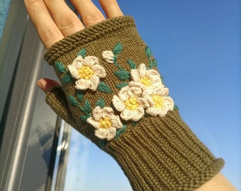 Hand-Knitted Brown Gloves with Flower and Green Leaf Accents