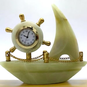 Handmade Onyx Sailboat Clock – Nautical-Themed Decorative Boat Clock with Polished Onyx Stone and Vintage Design – Unique Gift for Collector