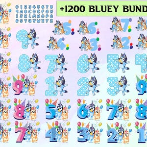 Oltre 1200 immagini in formato SVG con il cane e i suoi amici di compleanno di Bluey, clipart di personaggi dei cartoni animati, PNG trasparenti, file di taglio per Cricut, compleanno del cane Bluey, Summer Bluey