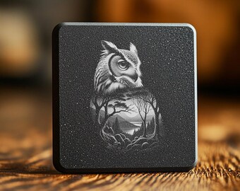 Eule Laser Gravierdatei für Schiefer Untersetzer, Mystisches Tier PNG für die Lasergravur, Digitaler Download für Wohnkultur