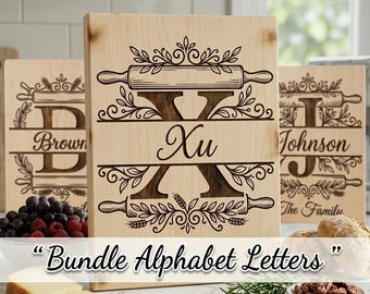 Monogram Svg Engraving File, Custom Family Name Alphabet, Surname Logo For Cutting Board, Kitchen Heritage Designs