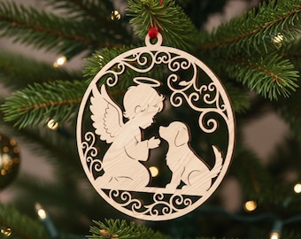 Angel Dog Ornament SVG, Pet Memorial Laser Cut File, Christmas Remembrance Silhouette for Dog Lovers