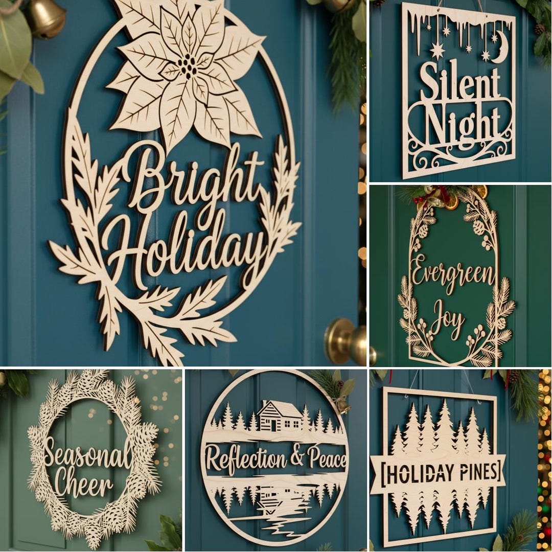 Christmas Door Hanger SVG Bundle, 6 Laser Cut Files for Round Wooden ...