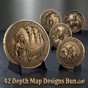 Könnte beinhalten: Eine Sammlung von vier kreisförmigen, bronzefarbenen Medaillons mit Reliefs von indigenen Figuren, Pferden und Berglandschaften, die jeweils auf einem schwarzen Ständer stehen, mit dem Text 42 Depth Map Designs Bundle am unteren Rand.