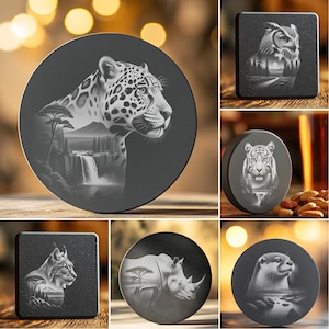 Wild Animal Double Exposure Slate Coaster Laser Engraving Bundle, 6 Unique PNG Design Files, Wildlife Art Digital Download for Crafts #017
