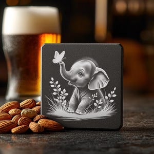 Baby Elephant Butterfly Slate Coaster PNG Laser Engraving File for Lightburn Glowforge Nursery Home Decor Crafting