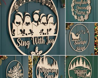 Jul SVG-paket för dörrhängare, 6 laserskurna fildesigner för träskyltar, rund välkomstskylt för högtider