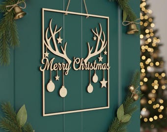 Christmas Reindeer Door Hanger SVG, Merry Christmas Sign with Antlers, Laser Cut File Digital Download for Holiday Decor