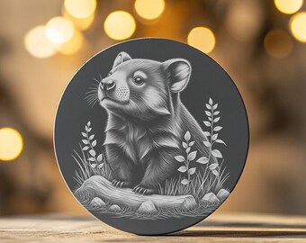 Engraved Slate Coaster PNG, Cougar Sitting on Grass, Wildlife Decor, Animal Coaster Download