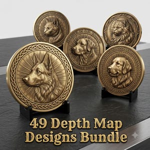 May include: Five circular bronze-toned medallions featuring relief portraits of various dog and cat breeds, each displayed on a small black stand. The text 49 Depth Map Designs Bundle is printed in gold at the bottom of the image.