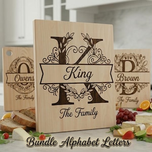 May include: Three wooden cutting boards with engraved designs. The central board features a large letter "K" with the name "King" and the words "The Family". The other boards have the letters "O" and "D" with family names. The phrase "Bundle Alphabet Letters" is at the bottom.