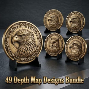 May include: Five circular bronze-toned medallions featuring relief carvings of eagle and owl heads, each displayed on a black stand. The text 49 Depth Map Designs Bundle is printed at the bottom of the image in a gold, serif font.