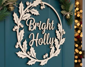 Christmas Door Hanger SVG, Bright Holly Wreath Laser Cut File, Round Welcome Sign Digital Download for Cricut and CNC