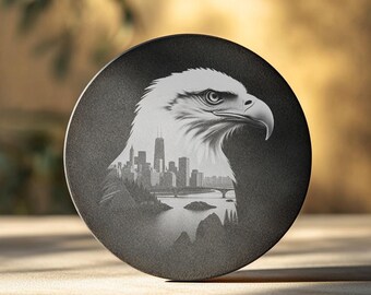 Slate Coaster Laser Engraving File Eagle Head and Cityscape Design High Resolution PNG Image for Crafting Instant Download