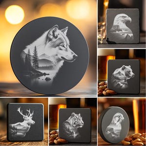 Bundle of 6 Wild Animals Double Exposure Slate Coaster Laser Engraving Files, PNG Images, Digital Download for DIY Home Decor Projects #016
