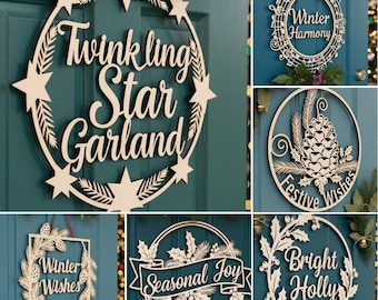 Weihnachtsschild SVG-Bundle, 6 Türhänger Laser Cut-Dateien für Holzschilder, Urlaub CNC-Designs