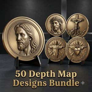 Könnte beinhalten: Eine Sammlung von fünf kreisförmigen, bronzefarbenen Medaillons mit Reliefporträts und Szenen von Jesus, die auf schwarzen Ständern präsentiert werden. Der Text 50 Depth Map Designs Bundle ist unten im Bild in Gold gedruckt.