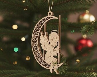 Angel on Moon SVG Laser Cut Ornament, Christmas Angel Silhouette, Digital CNC File