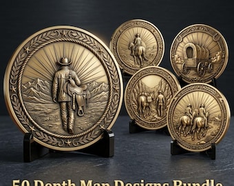 Peut inclure: Une collection de cinq médaillons circulaires aux tons bronze présentant des scènes de l'Ouest en relief, incluant un cow-boy avec une selle, un cavalier, un chariot bâché et des chevaux. Le texte 50 Depth Map Designs Bundle est affiché en bas.