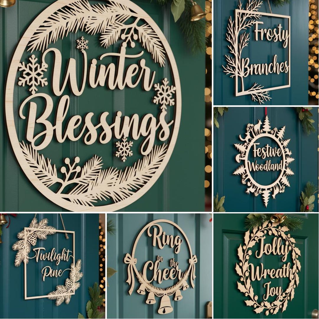 Christmas Door Hanger SVG Bundle, 6 Laser Cut Files for Holiday Wooden ...