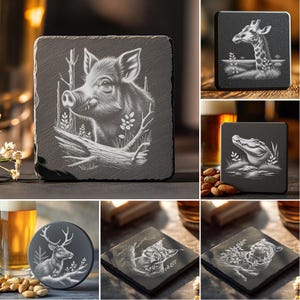 Wild Animal Slate Coaster Laser Engraving Files Bundle, 6 Unique PNG Designs, Digital Download for DIY Home Decor, Rustic Wildlife Art #015