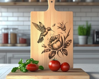 Hummingbird 3D Illusion Laser Engraving File, Flower Chopping Board Design for Glowforge