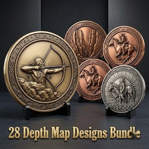 Puede incluir: Una colección de medallones metálicos circulares con relieves de figuras a caballo, arqueros y paisajes de cañones. Las monedas se exhiben en soportes negros con el texto 28 Depth Map Designs Bundle en la parte inferior.