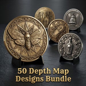 Puede incluir: Una colección de medallones circulares con intrincados diseños en relieve que incluyen una polilla con cabeza de calavera, un ángel llorando, un ataúd con rosas, una campana y una botella con forma de calavera. Texto 50 Depth Map Designs Bundle.