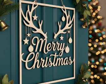Merry Christmas Door Hanger SVG, Reindeer Antlers Laser Cut File, Christmas Sign for Front Door Decor