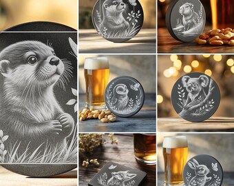 Adorable Baby Animals Slate Coaster Engraving Bundle, Laser Engraving PNG Files, Cute Animal Designs for DIY Coaster Craft Projects #003