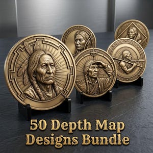 May include: Four circular bronze-toned medallions featuring embossed portraits of Indigenous figures, displayed on black stands. The text 50 Depth Map Designs Bundle is printed in gold at the bottom of the image against a dark textured surface.