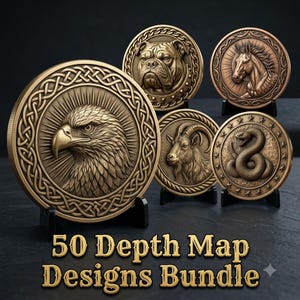 Puede incluir: Una colección de cinco medallones circulares en tonos bronce expuestos sobre soportes negros. Los diseños presentan relieves de un águila, un bulldog, un caballo, una cabra y una serpiente. El texto 50 Depth Map Designs Bundle es visible.