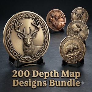Può includere: Una collezione di medaglioni metallici circolari e ottagonali con rilievi di cervo, alce, renna e orso, ciascuno su un supporto nero. Il testo 200 Depth Map Designs Bundle è stampato in oro nella parte inferiore dell'immagine.