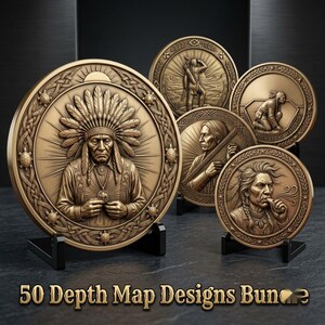 May include: A collection of five circular bronze-toned relief plaques featuring detailed portraits of Indigenous figures, including a central leader in a feathered headdress, displayed on black stands with the text 50 Depth Map Designs Bundle.