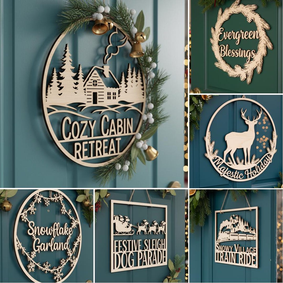 Christmas Door Hanger SVG Bundle, Round Wooden Sign Laser Cut File, Set ...