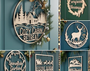 May include: A collection of wooden holiday signs. One sign features a cabin scene with the text "Cozy Cabin Retreat". Other signs include "Evergreen Blessings", a deer with "Majestic Holiday", a snowflake garland, a dog sleigh, and a snowy village train ride.
