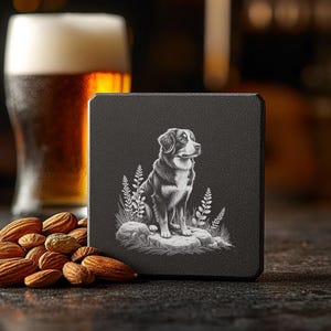 Slate Coaster Engraving Design, Dog Sitting on Rock, Laser Ready PNG File for Coaster Making, Digital Download for DIY Gifts #202