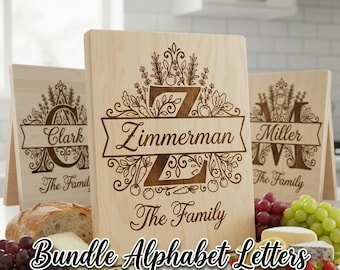 Cutting Board SVG, Laser Engraving File Bundle, Kitchen Garden Monogram, Herb And Vegetable Scrolls, Custom Family Name Designs