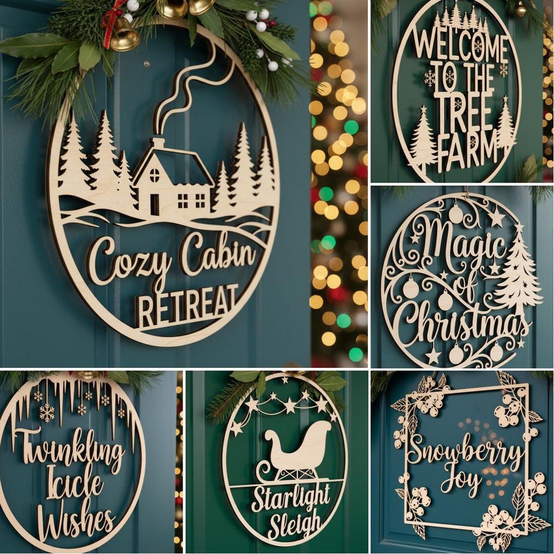 Christmas Door Hanger SVG Bundle, 6 Laser Cut Files for Wooden Signs ...